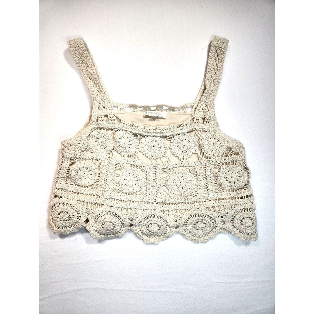 Rebellion Womens Crochet Lined Tank Top Size L Crop Cream Boho Festival Layer